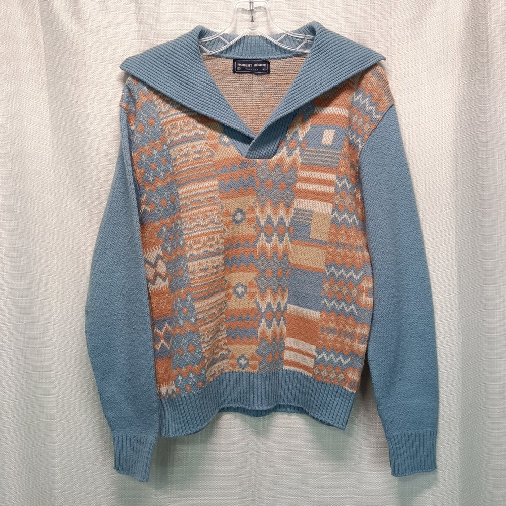 Vtg Robert Bruce Geometric Knit Sweater Blue Orange XL USA Made Sailor Collar‎